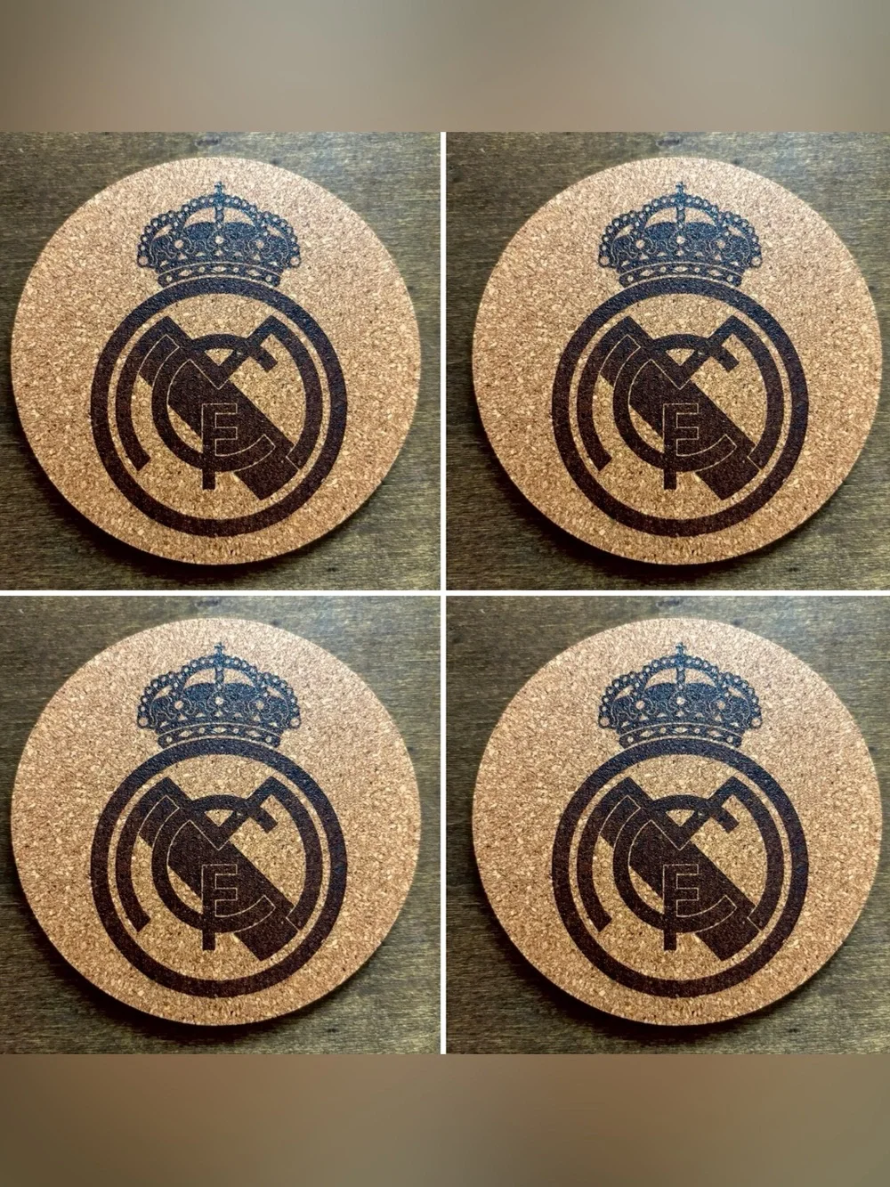 Real Madrid Logo Laser Engraved Cork Coasters Lot of 4